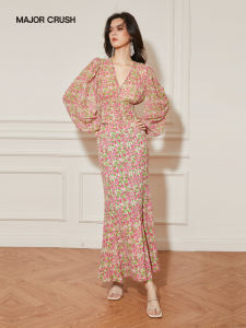 Tender Pink Floral Long Sleeve Designer Dress Set