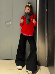 เสื้อคาร์ดิแกนถักสีแดงลายสก็อตสไตล์เกาหลีสำหรับผู้หญิง ฤดูใบไม้ร่วง 2025 ดีไซน์ใหม่ เสื้อคลุมกันหนาวแบบแยกชิ้นสองชิ้น แขนยาว ปกติ