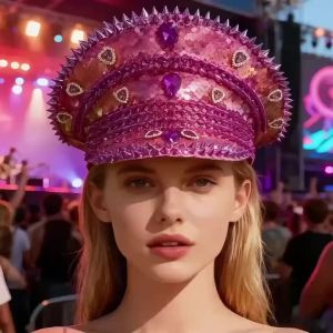 Black Silver Punk Rivet Festival Captain Hat Handmade Rhinestone Masquerade Wedding Military Cap Music Festival Sergeant Hat
