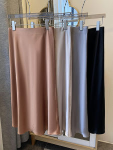 Acetate Sheen Heavyweight Satin Drapey A-Line Fish Tail Skirt Womens Midi Skirt Spring Summer New Style Elastic Waist Simple Style