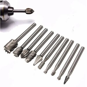 10Pcs 1/8 HSS Routing Router Drill Bits Set for Dremel Carbide Rotary Burrs Tools Wood Stone Metal Root Carving Milling Cutter