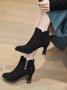 ABEOU Spring Summer Fashion Crystal Rhinestone Hollow out Net Bootie Sandals Zipper Anti-Slip Thick Heel Breathable Comfortable