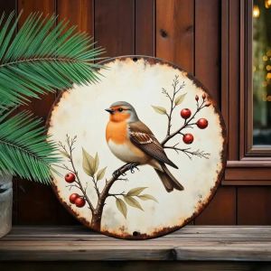 Vintage Robin Berry 8x8 Inch Round Aluminum Wall Art Waterproof Scratch Resistant Graffiti Proof for Home Living Room Decor