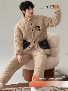 Miiow | Catman Mens Sleepwear Winter Thickened Coral Fleece Home Clothes Set Outdoor Wear Long Sleeve Stand Collar Polyester Fiber