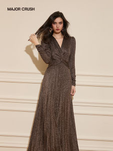 French Elegant V-neck Black Gold Waist-cinching Evening Dress
