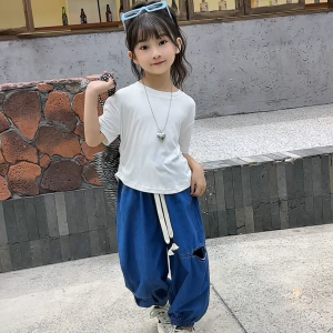 BALALE Setelan Denim anak perempuan Setelan Anak Kaos Katun + Celana Jeans Robek Santai Usia 2-10 Tahun