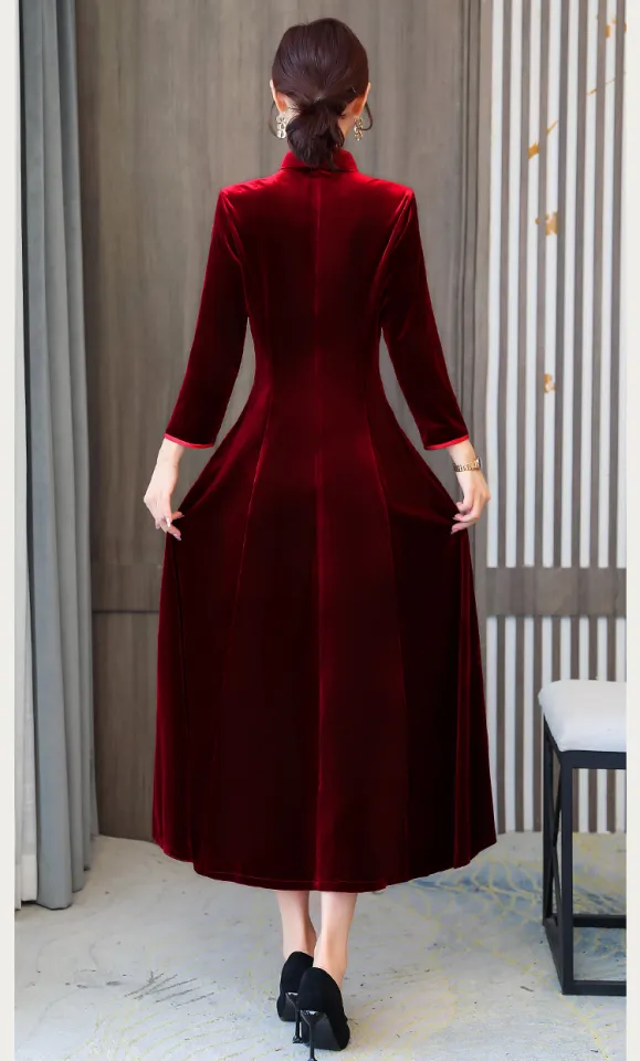 Lịch sử giá Váy nhung đỏ thiết kế dài tay dành cho mùa đông chân váy dài  xếp li qua gối thích hợp mặc đi tiệc/đi chơi_Le'Coong V32 cập nhật 3/2024 -