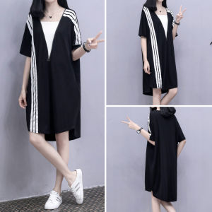 Loose Sporty A-Line Dress Hoodie Skirt Summer New Style plus Size Women Zipper Casual round Neck Short Sleeve Midi Dress