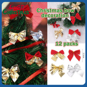 GD Christmas 12Pcs Christmas Bows Decoration Christmas Ornament Glitter Powder Bow Xmas Tree Pendant Gift