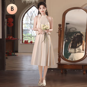 ชุดสาวต้อนรับสีแชมเปญ ผ้าซาติน 2025 ใหม่ ฤดูร้อน ชุดราตรีหรูหรา ชุดแต่งงาน ชุดยาว ชุดทำงาน ชุดเดรส ชุดแฟชั่น