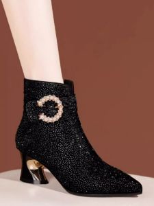 Elegant Fleece Lined Short Boots for Women Fashionable Diamond Decorated Cheongsam Matched Shoes High Quality Autumn Winter Boots