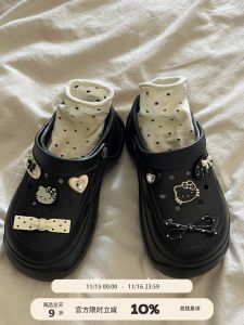 Sweet Peach Planet Kitty Thick Heel Sandals Womens Summer Outdoor Wear Black Anti-Slip Toe Cover Slippers Casual High Heel