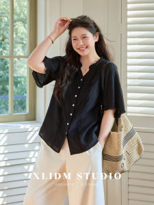 Crinkle Texture Flowy Lightweight Breathable New Ear-wood A-line V-neck Blouse