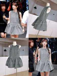 Adorable Sleeveless Plaid Dress for Women Summer Slimming Mini Skirt Cute and Elegant Crimped Fabric High Waist Style
