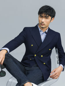 Double Breasted Navy Slim Fit Mens Suit Jacket