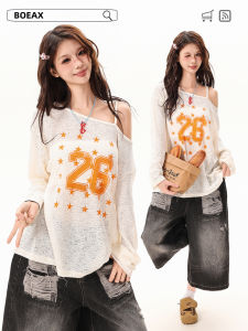 Boeax American Retro Long Sleeve T-Shirt Womens Shoulder Bared Loose Top Summer New Style Sun Protection Cover up Casual Wear