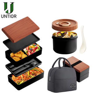Untior Japanese Style Bento Box Minimalist Double-layer Lunch Box with Knife Fork Spoon Divided Student Lunch Box