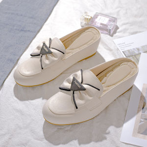 Comfortable Leather Mule Slippers Womens Flat Bottom Butterfly Knot Summer Casual Slip-On Shoes Leather Cover Front Heels