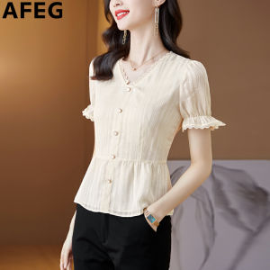 AFEG solid color Korean V-neck fashion slimming temperament chiffon short-sleeved blouse