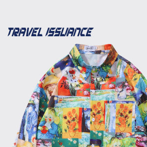 เสื้อเชิ้ตแขนยาวพิมพ์ลายศิลปะย้อนยุค TRAVEL ISSUANCE ทรงหลวม ฤดูใบไม้ร่วง 2024 ปกคอกลม เสื้อผ้าทำงานชาย