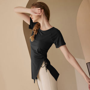 เสื้อยืดวิ่งออกกำลังกายแขนสั้นผู้หญิง 2023 ฤดูร้อนใหม่ ยาวปานกลาง แห้งเร็ว ฟิตเนส โยคะ ชุดกีฬา ผ้าฝ้ายผสมโพลีเอสเตอร์