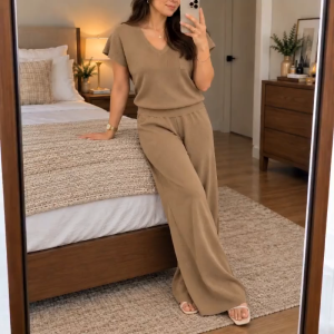 Womens Cotton Knitted Terno Set – V-Neck Short Sleeve Top & Wide-Leg Pants 2-Piece Co-Ord S-L / XL-3XL
