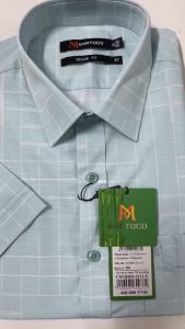Sơ Mi Caro Tay Ngắn Màu Xanh - Trắng Form Tailor Fit Chống Nhăn Lai Ngang - Áo Nam Khatoco