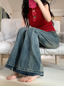 American Retro Womens Loose High Waist Jeans Spring New Style Casual Washed Wide Leg Pants Bootcut Trousers Slimming Effect