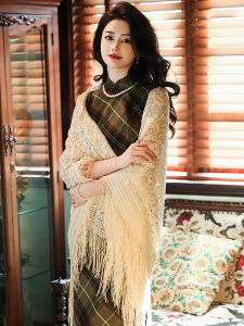 High-End Lace Coat New Chinese Style Womens Cheongsam Shawl Spring Summer Autumn Tassel Multi-Functional Triangle Scarf