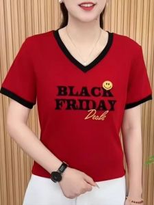 Summer Mommy Style Short Sleeve V-Neck Printed T-Shirt Womens Fashion Slimming Top Korean Version Straight Cut Commute