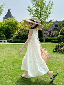 Girls Cotton Summer Dress Sleeveless Vest Long Skirt Breathable High Waist White Color Korean Style Childrens Clothing
