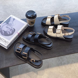 รองเท้าแตะหนังแท้สำหรับผู้หญิง ฤดูร้อน 2025 รองเท้าแตะทรงส้นหนา แบบเปิดหัว ดีไซน์เรียบง่าย สไตล์เกาหลี รองเท้าแฟชั่น