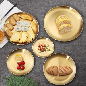 Creative Gold Stainless Steel round Tray Korean Style BBQ Tray Tea Tray Dessert Storage Flat Tray Photography Tray Nordic Style