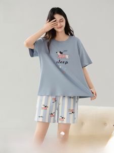 miiow | Pure Cotton Summer Sleepwear Womens Loose Short Sleeve Shorts Casual Lazy Style Home Clothes Set Can Be Worn Outside Cat Person