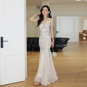 ชุดราตรีประดับเลื่อมสีสันสดใสพร้อมสายรัด เดรสยาวเอวสูง ชุดงานเลี้ยง ชุดเดรสยาวสำหรับงานปาร์ตี้