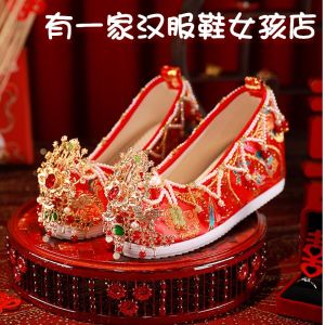 New Chinese Style Wedding Shoes Handmade Beaded Hanfu Wedding Red New Bride Embroidered Wedding High Heel Increase Inner Shoes