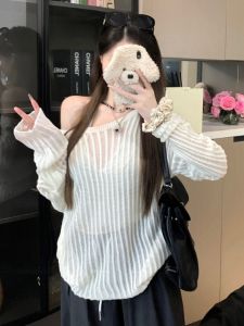 GUZILIAN | Korean Style Lazy Stripe Hollow Out Shoulder Long Sleeve Knitted Sweater Womens New Spring Design Loose Shoulder Sweater