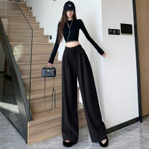 Fancy Retro Ankela Red Woolen Suit Loose Pants Female Fall and Winter High Waist Slimming and Fashionable Draggle-Tail Straight Trousers