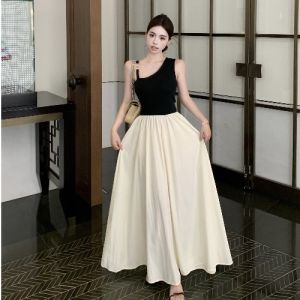 GUZILIAN | French Elegant Design Asymmetrical Shoulder Color Block Wrap Dress High Waist Slimming Maxi Skirt Single Shoulder Gown