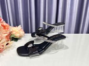 รองเท้าส้นแก้วสูง 2 นิ้ว แต่งโบว์สายเพชร รุ่นใหม่ล่าสุด