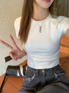 White Short Sleeve round Neck Cotton T-Shirt Womens Slim Fit Summer New Style Casual Versatile Belly Button Baring Top