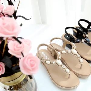 ST35-42 Xăng đan gót dày 5cm cho Nữ Giày cao su thời trang dây da đính đá co giãn phía trên giày đế xuồng kẹp ngón chân mềm đính Ngọc Trai Sáng bóng giày n