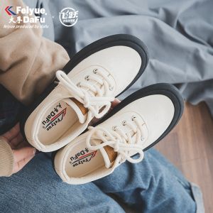 Womens Thick Bottom Canvas Shoes Feiyue Steamed Bun Shoes Breathable Comfortable Supportive Anti-Slip Wear-Resistant Cross Buckle Casual Low Top Rubber Outsole