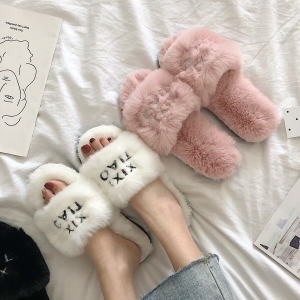 Thin Strip Net Red Same Style New Autumn and Winter Korean Style Fashion Fluffy Slippers Female Outdoor All-Matching Thick-Soled Cotton Slippers