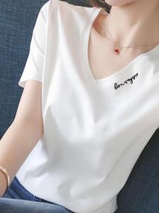 Áo Thun Nữ Tay Ngắn Cổ Chữ V Màu Trắng Dáng Rộng Mùa Hè 2025 Phong Cách Hàn Quốc Thời Trang Thường Ngày Cho Nữ