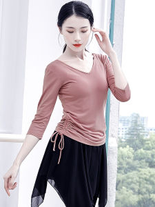 Modern Dance Practice Uniform Top Womens Classic National Dance Adult Fitness V-neck Slimming Drawstring T-shirt