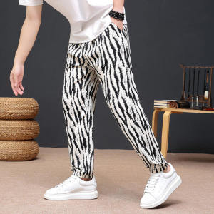 Ice Silk Thin Mens Summer Casual Pants Loose Fit Elastic Waist Nine Points Sport Trousers Breathable Anti-Mosquito Stripe
