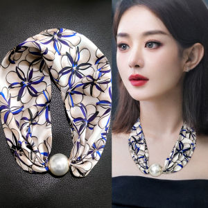 Magnetic Clasp Pearl Womens Scarf Summer Neck Protector Air Conditioned Room Magnetic Attraction Necklace Long Rectangle Polyester Fiber