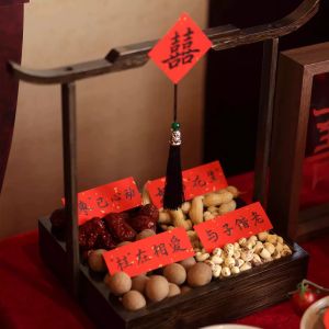 Wedding Engagement Calligraphy Blessing Paper Strip Four Grids Dried Fruit Display Label Sticker Celebration Red Decoration