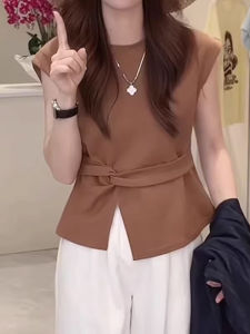 Shalldoer | Casual Round Neck Short Sleeve Womens T-shirt Waist-Cinching Asymmetrical Hemline Design Summer New Style Simple Fashion Top